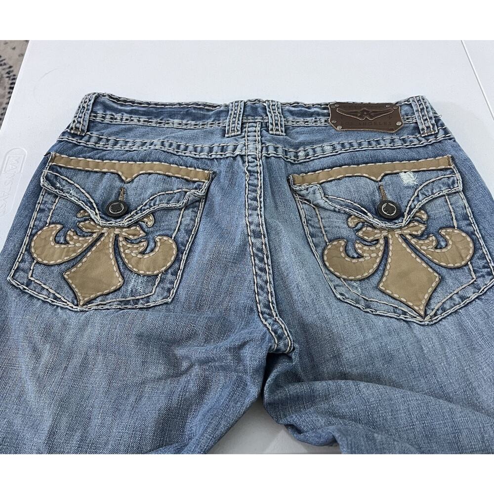 Affliction Mens Jeans Cooper 32 Long Relaxed Boot Cross Patches Blue Wash Y2K LA - Picture 3 of 14